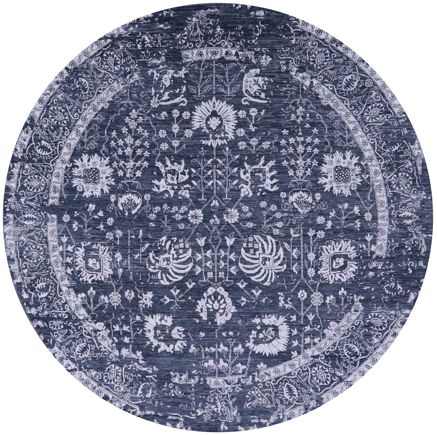 Grey Round Persian Hand Knotted Wool & Silk Rug - 7' 11" X 7' 11" - Golden Nile