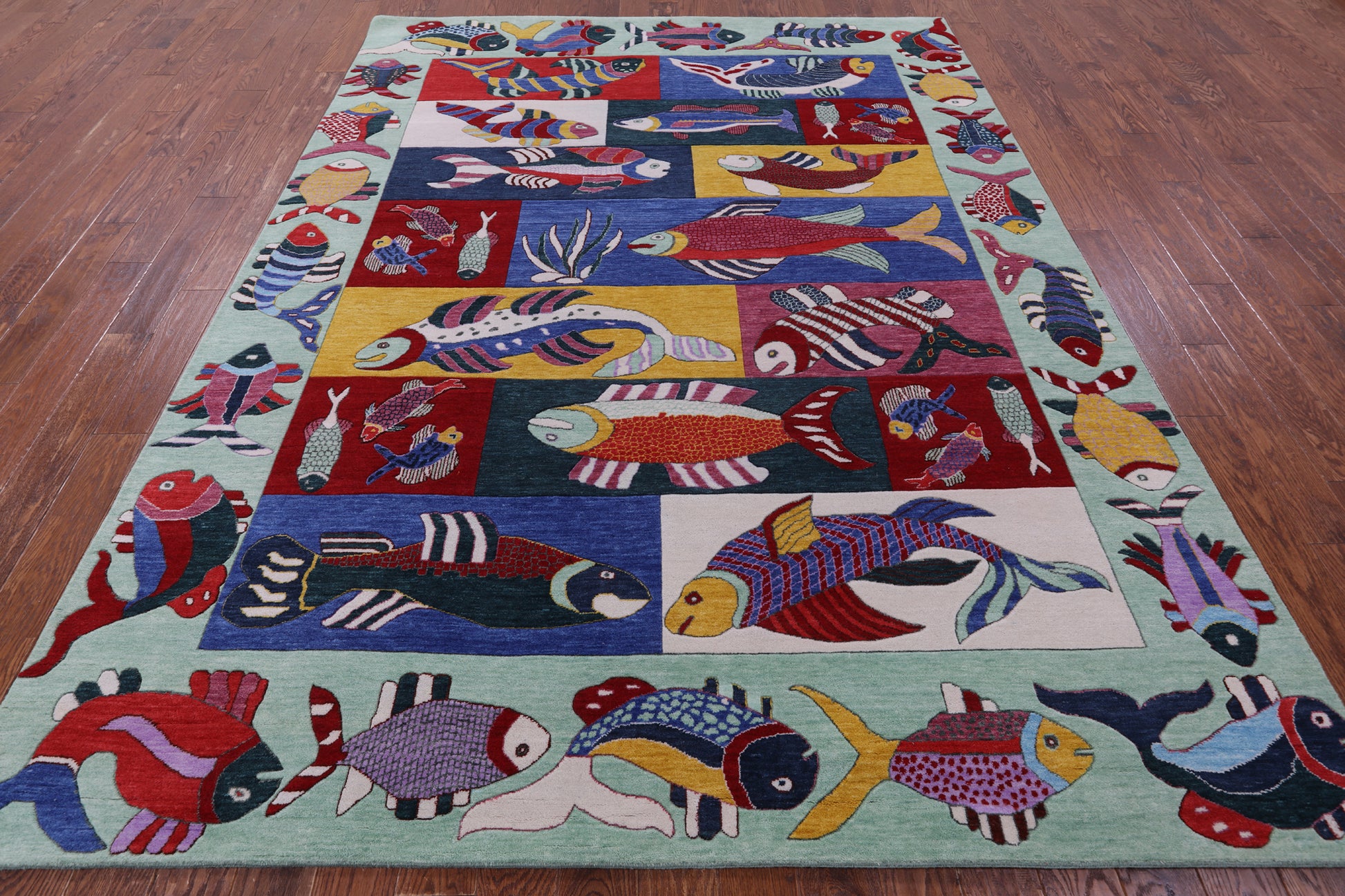 Fish Design Persian Gabbeh Hand Knotted Wool Rug - 7' 10" X 10' 4" - Golden Nile