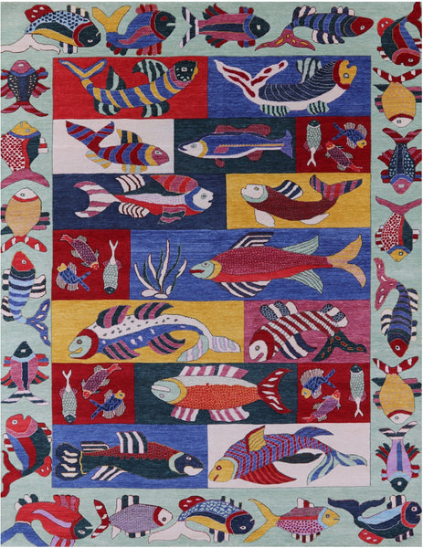 Fish Design Persian Gabbeh Hand Knotted Wool Rug - 7' 10" X 10' 4" - Golden Nile