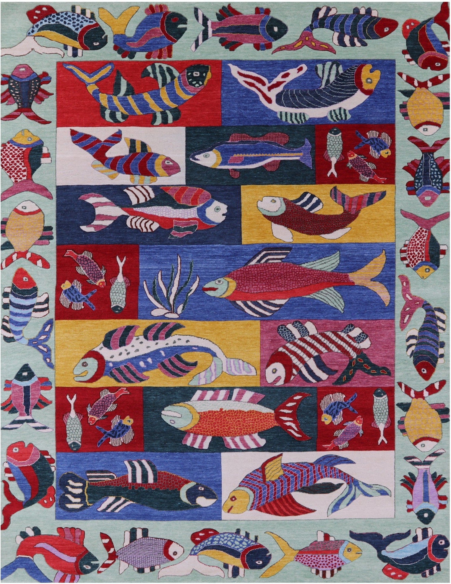 Fish Design Persian Gabbeh Hand Knotted Wool Rug - 7' 10" X 10' 4" - Golden Nile