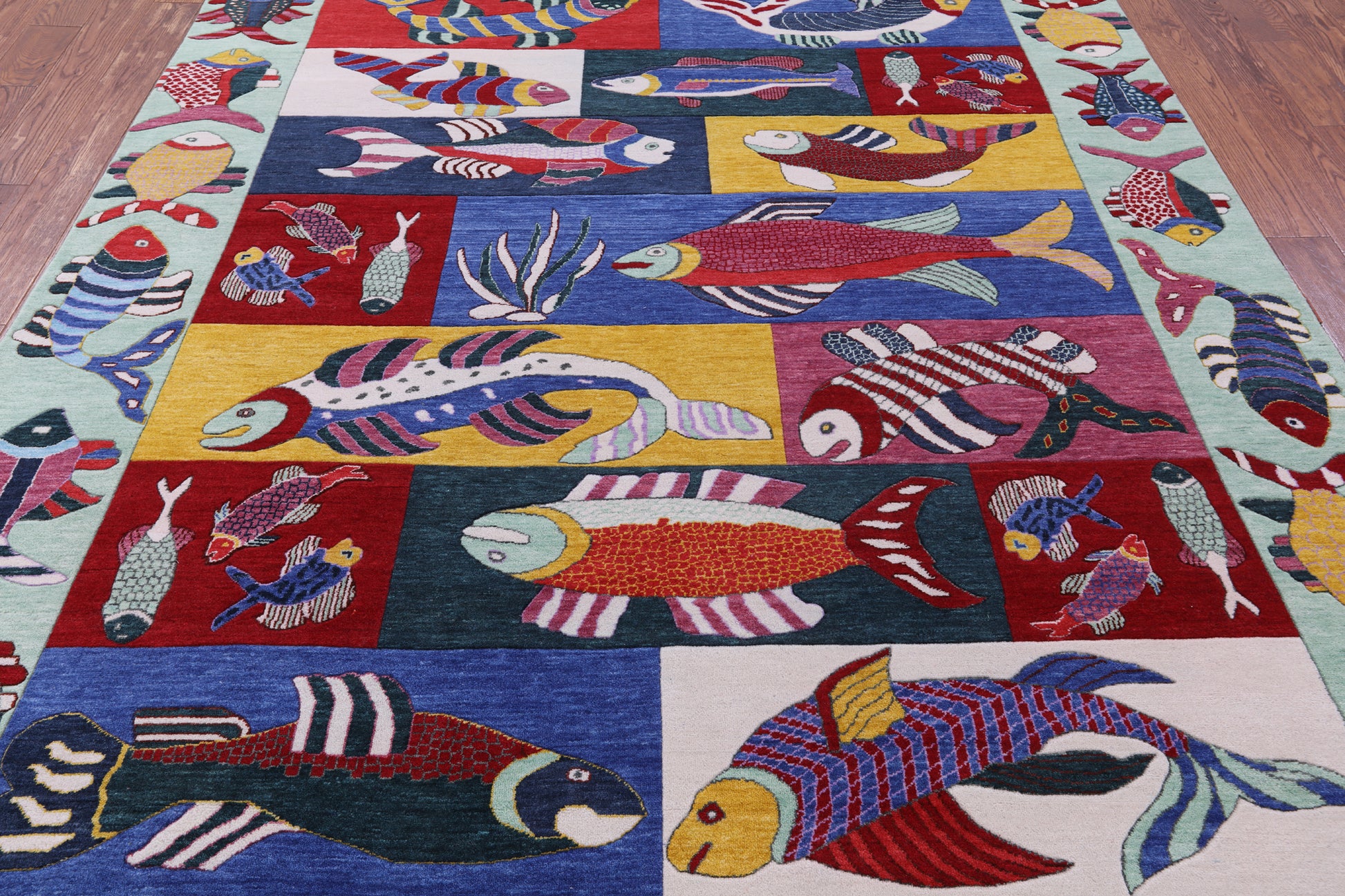 Fish Design Persian Gabbeh Hand Knotted Wool Rug - 7' 10" X 10' 4" - Golden Nile