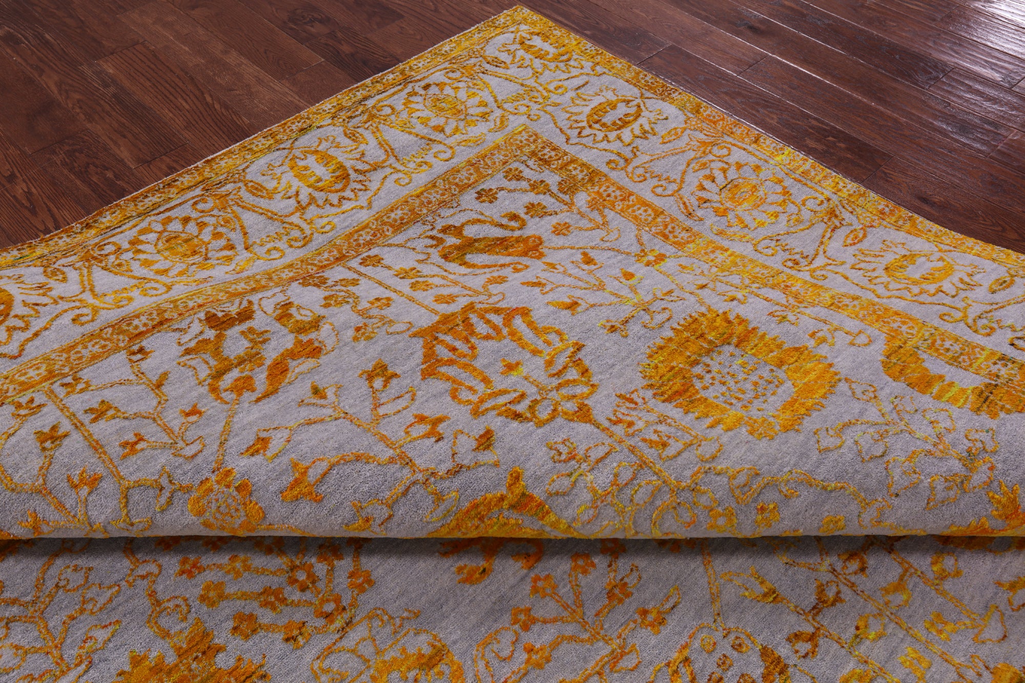 Grey Persian Hand Knotted Wool & Silk Rug - 9' 0" X 11' 11" - Golden Nile