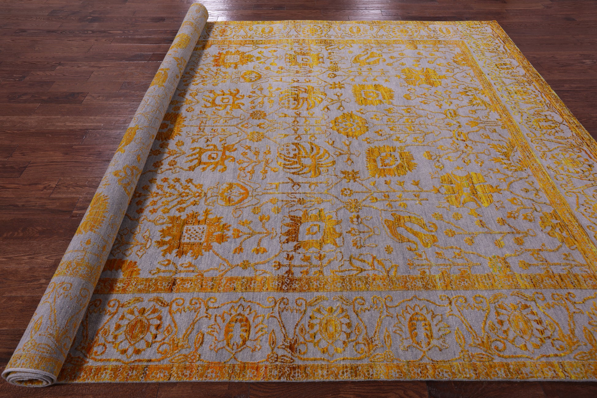 Grey Persian Hand Knotted Wool & Silk Rug - 9' 0" X 11' 11" - Golden Nile