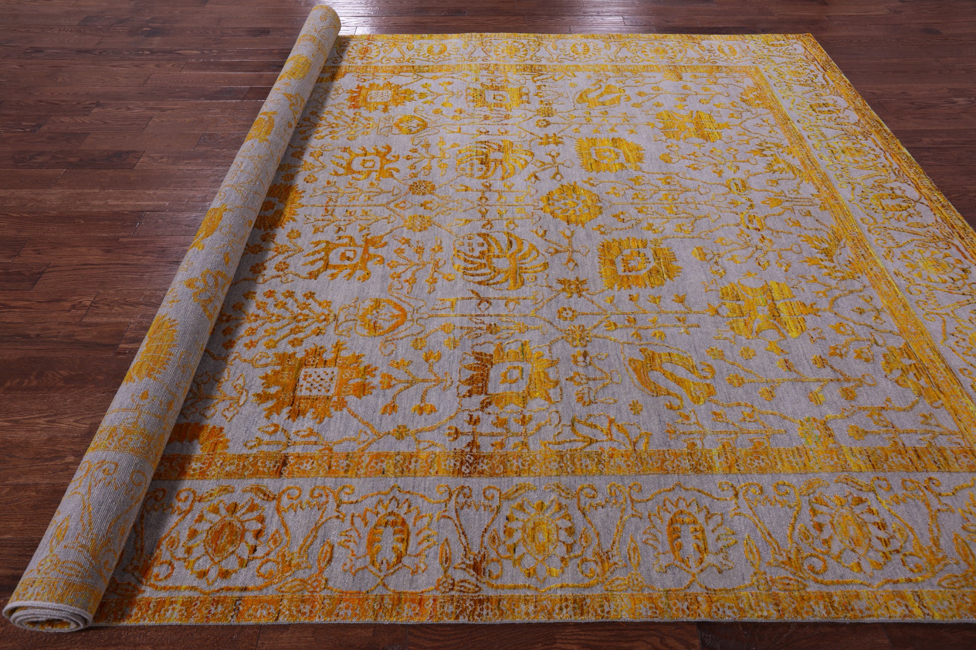 Grey Persian Hand Knotted Wool & Silk Rug - 9' 0" X 11' 11" - Golden Nile