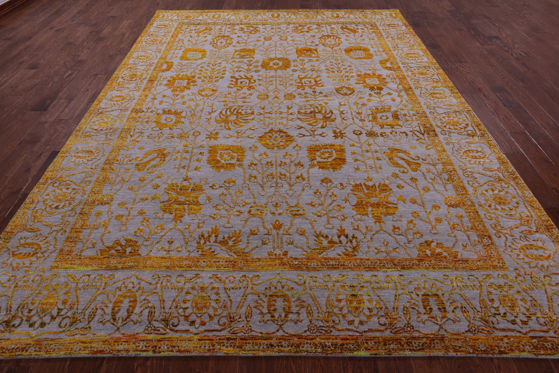 Grey Persian Hand Knotted Wool & Silk Rug - 9' 0" X 11' 11" - Golden Nile