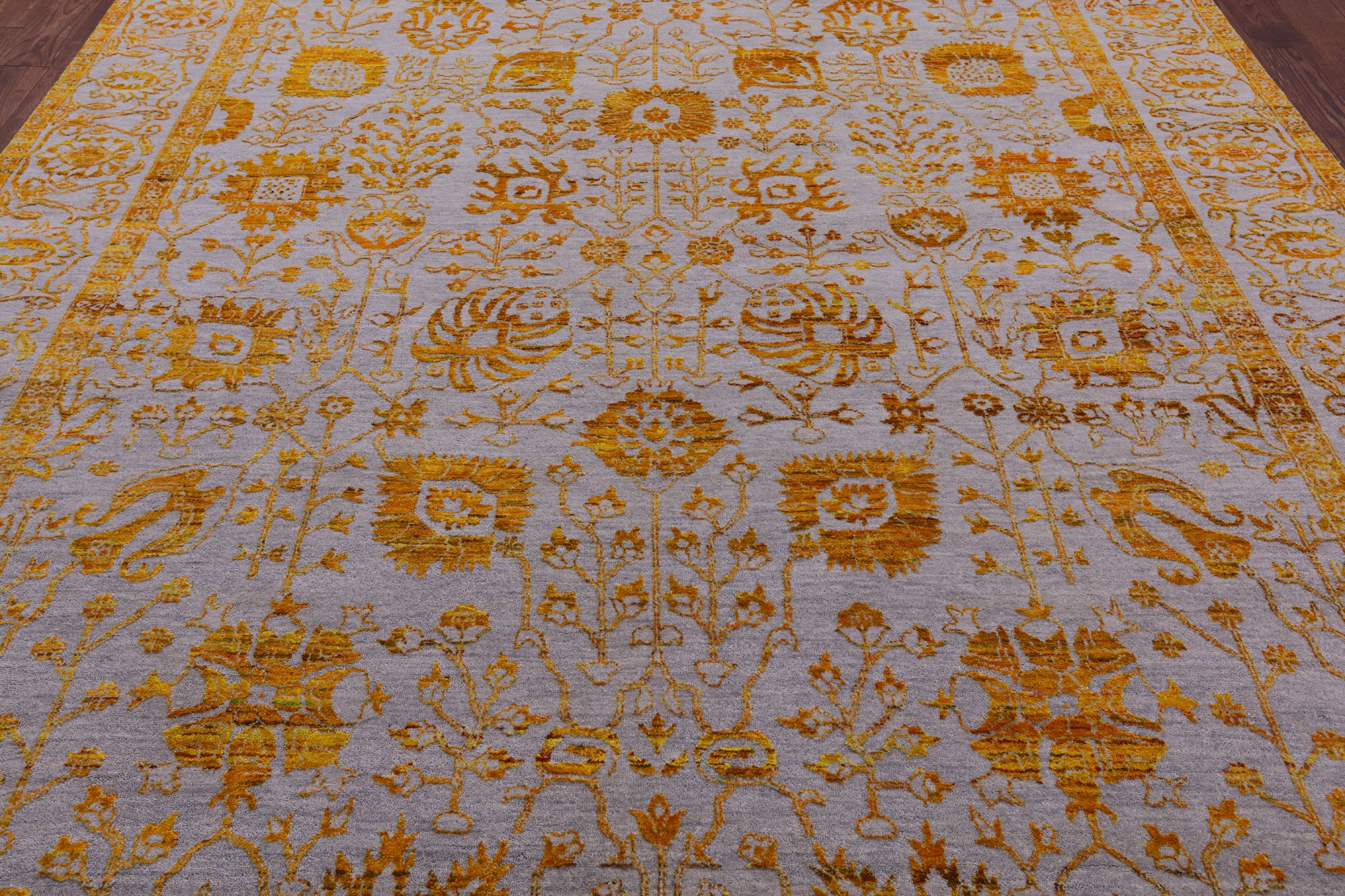 Grey Persian Hand Knotted Wool & Silk Rug - 9' 0" X 11' 11" - Golden Nile