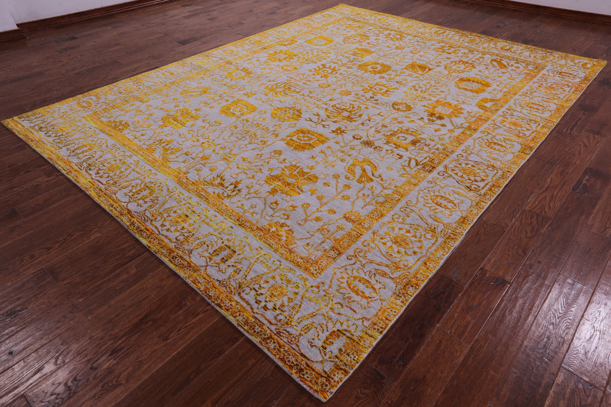 Grey Persian Hand Knotted Wool & Silk Rug - 9' 0" X 11' 11" - Golden Nile