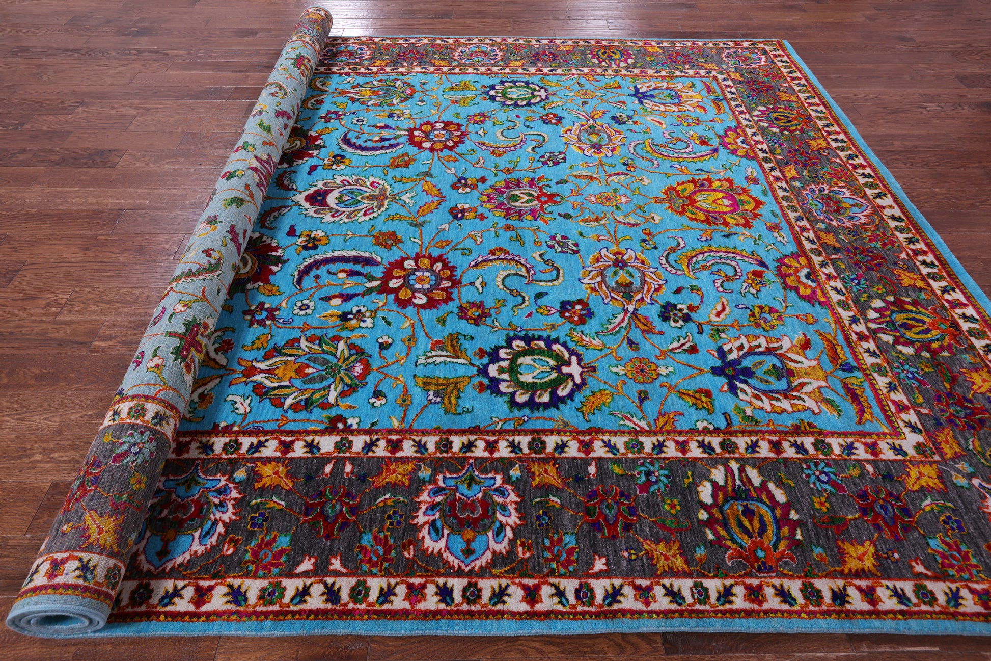 Blue Persian Hand Knotted Wool & Silk Rug - 9' 0" X 11' 11" - Golden Nile