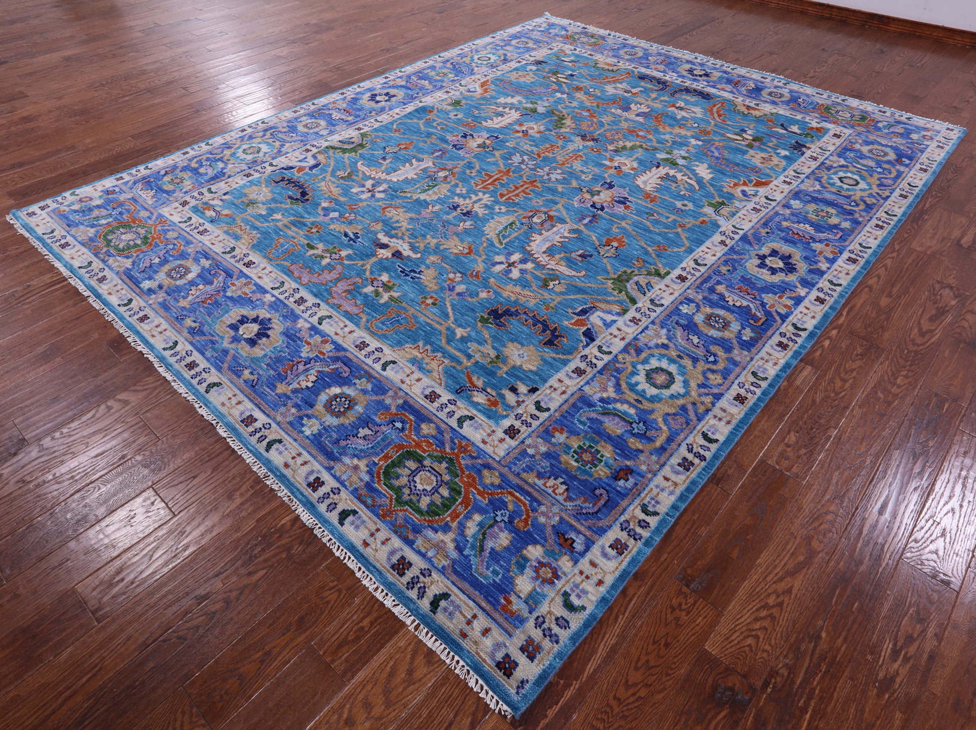 Blue Persian Fine Serapi Hand Knotted Wool Rug - 9' 1" X 11' 11" - Golden Nile