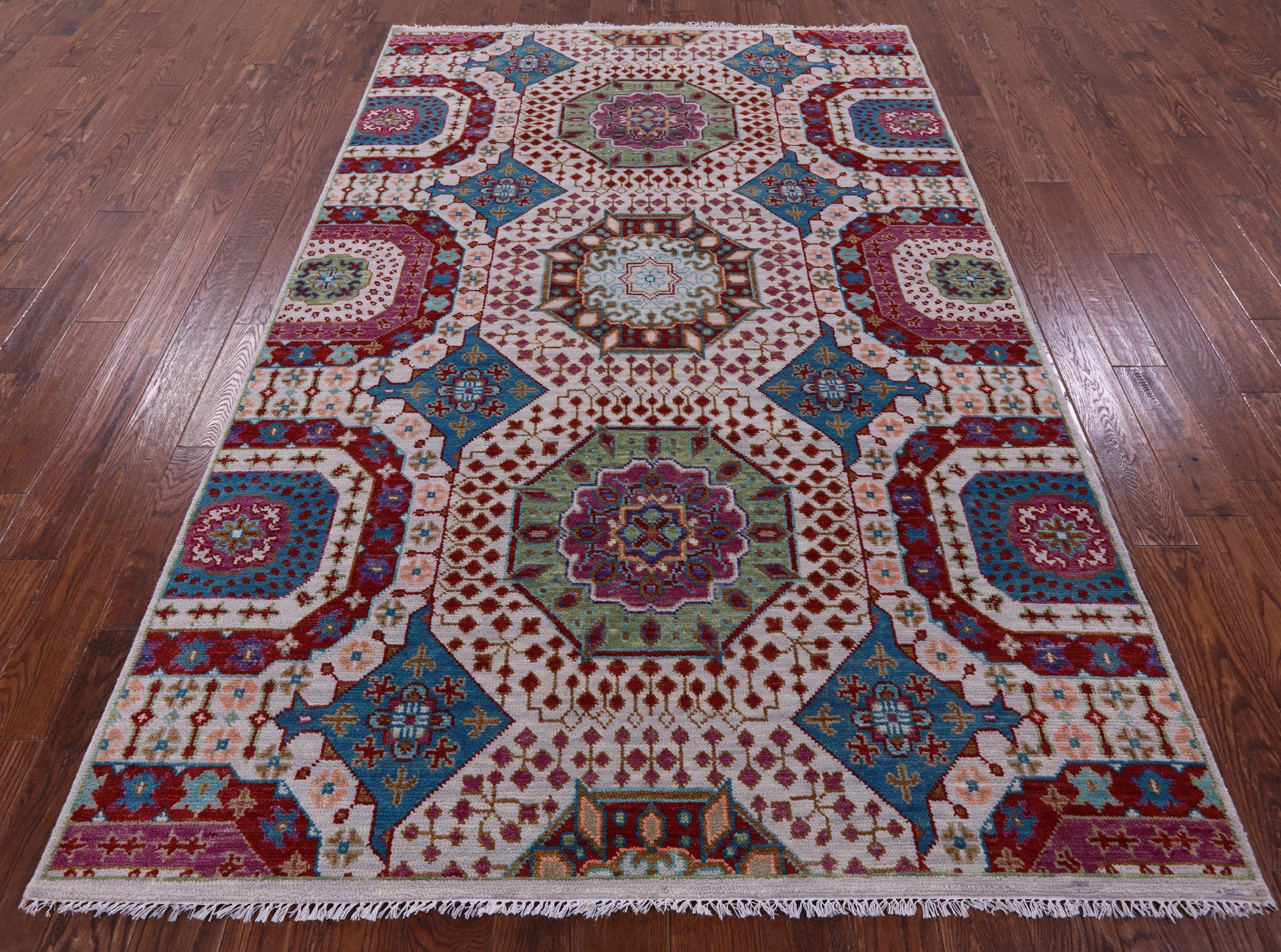 Geometric Persian Mamluk Hand Knotted Wool Rug - 5' 11" X 9' 2" - Golden Nile