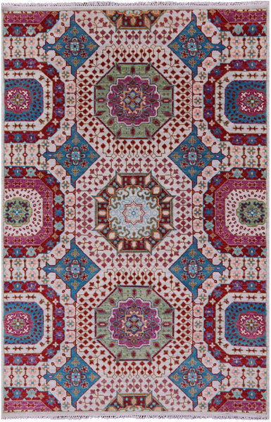 Geometric Persian Mamluk Hand Knotted Wool Rug - 5' 11" X 9' 2" - Golden Nile