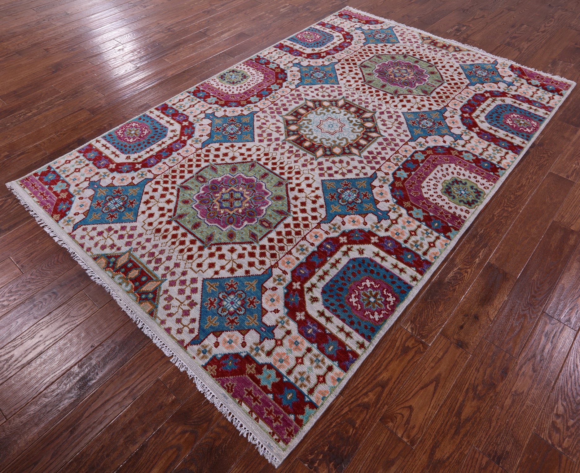 Geometric Persian Mamluk Hand Knotted Wool Rug - 5' 11" X 9' 2" - Golden Nile
