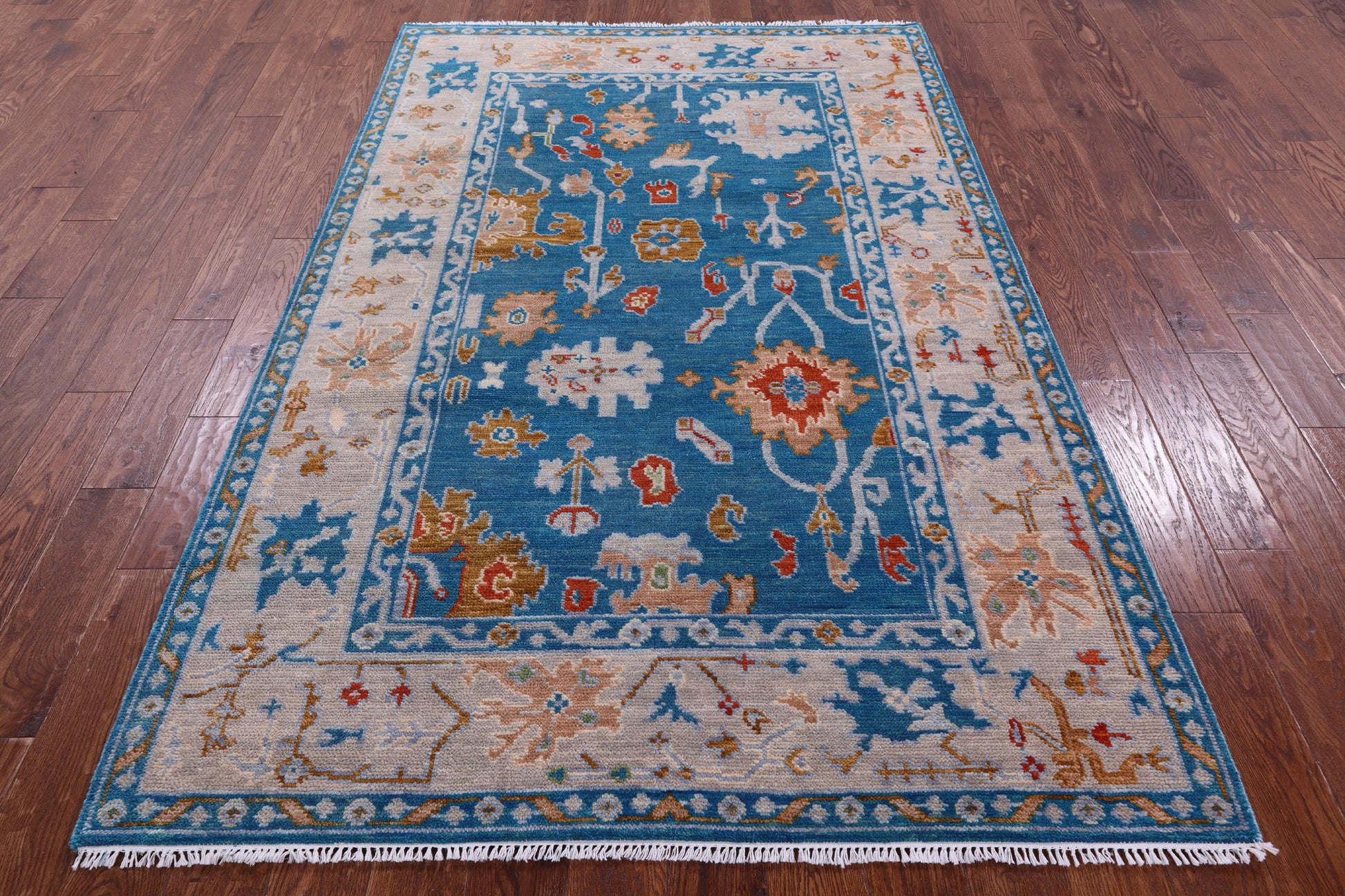 Blue Turkish Oushak Hand Knotted Wool Rug - 5' 1" X 8' 0" - Golden Nile
