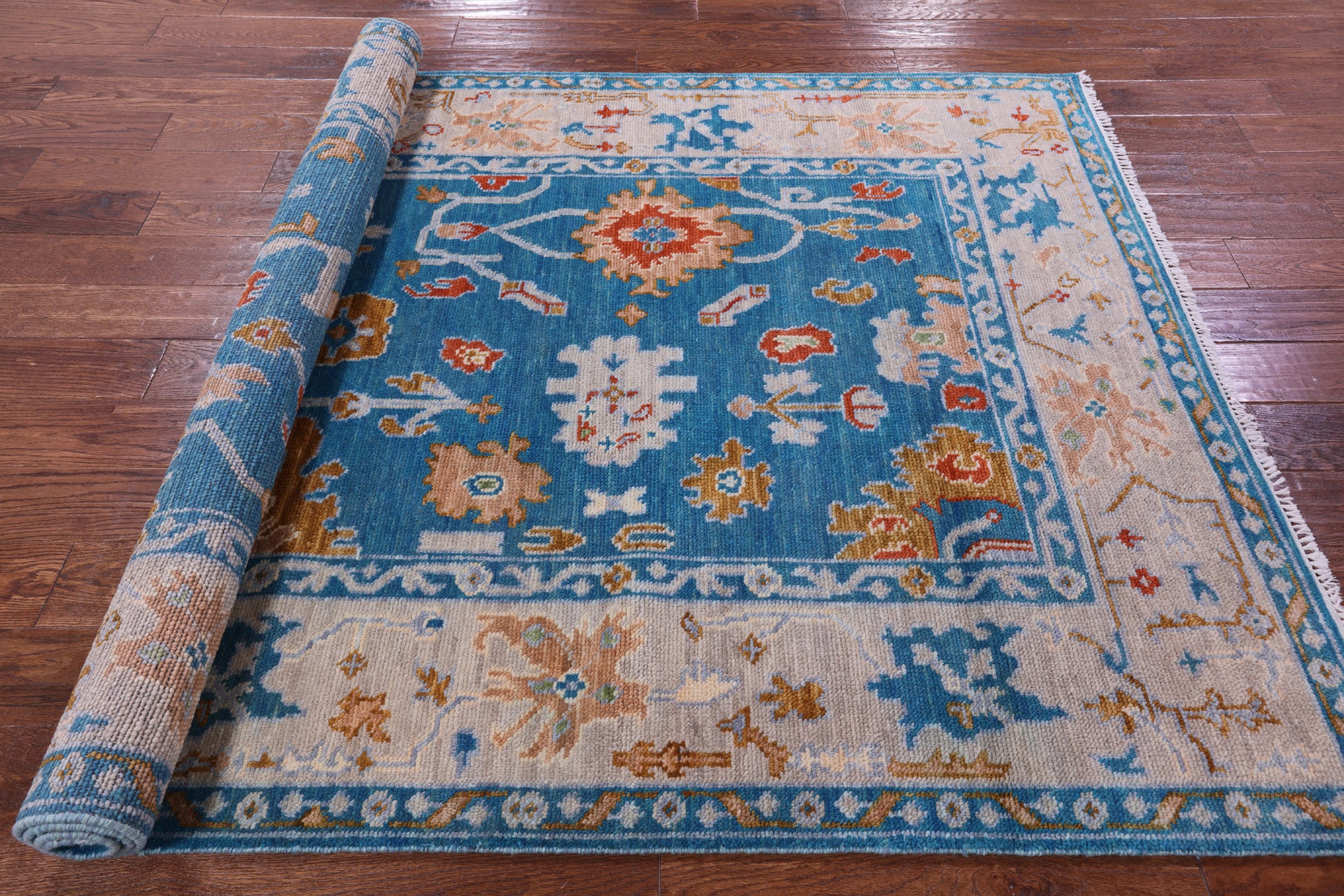 Blue Turkish Oushak Hand Knotted Wool Rug - 5' 1" X 8' 0" - Golden Nile