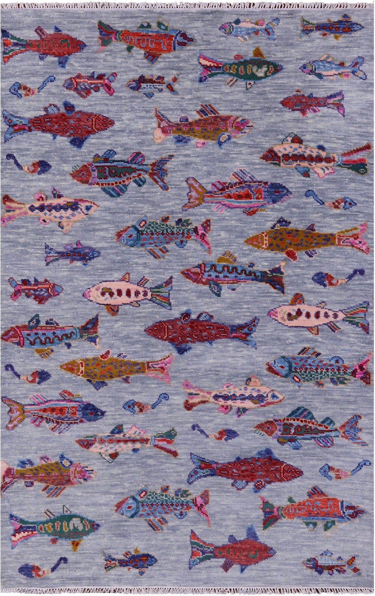 Fish Design Persian Gabbeh Hand Knotted Wool Rug - 5' 1" X 8' 0" - Golden Nile
