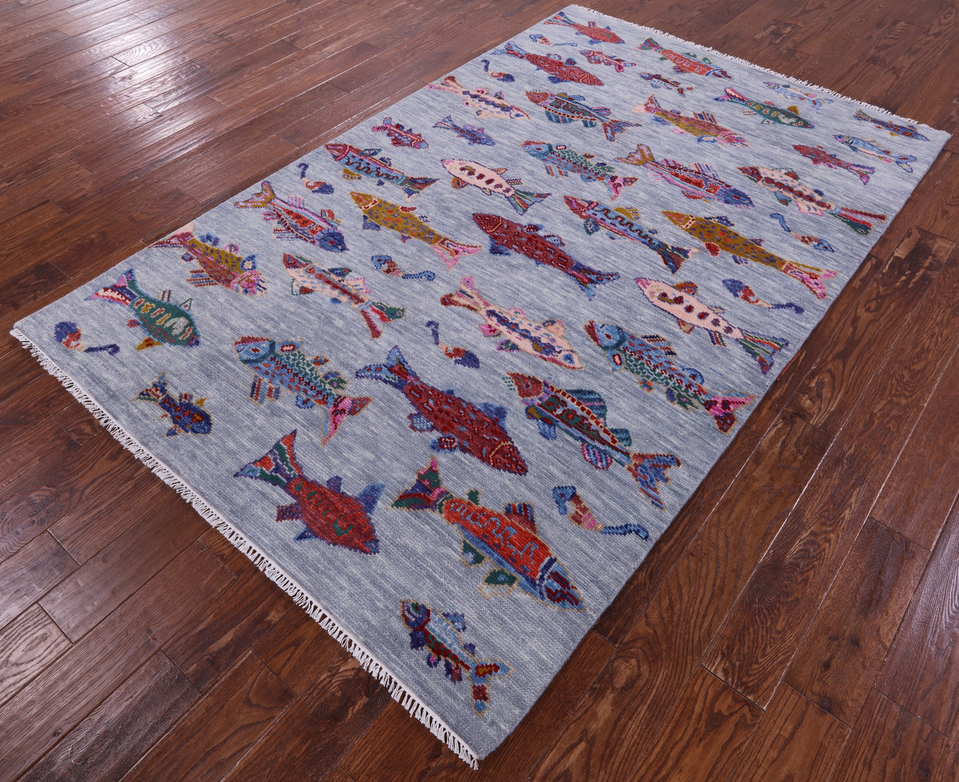 Fish Design Persian Gabbeh Hand Knotted Wool Rug - 5' 1" X 8' 0" - Golden Nile