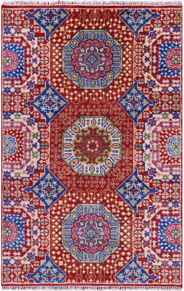 Geometric Persian Mamluk Hand Knotted Wool Rug - 4' 0" X 6' 2" - Golden Nile