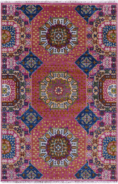 Geometric Persian Mamluk Hand Knotted Wool Rug - 4' 0" X 6' 2" - Golden Nile