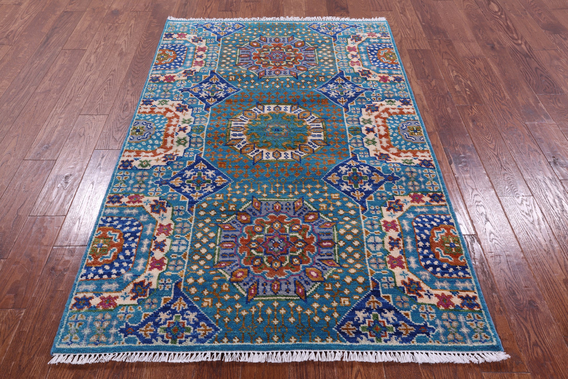 Blue Geometric Persian Mamluk Hand Knotted Wool Rug - 4' 0" X 6' 3" - Golden Nile