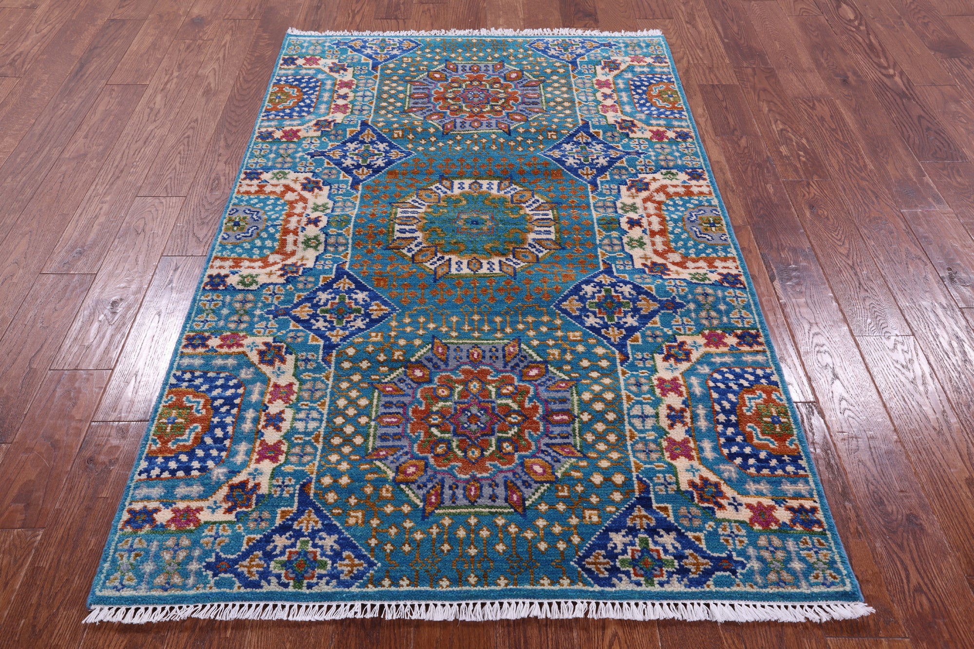 Blue Geometric Persian Mamluk Hand Knotted Wool Rug - 4' 0" X 6' 3" - Golden Nile