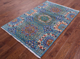 Blue Geometric Persian Mamluk Hand Knotted Wool Rug - 4' 0" X 6' 3" - Golden Nile