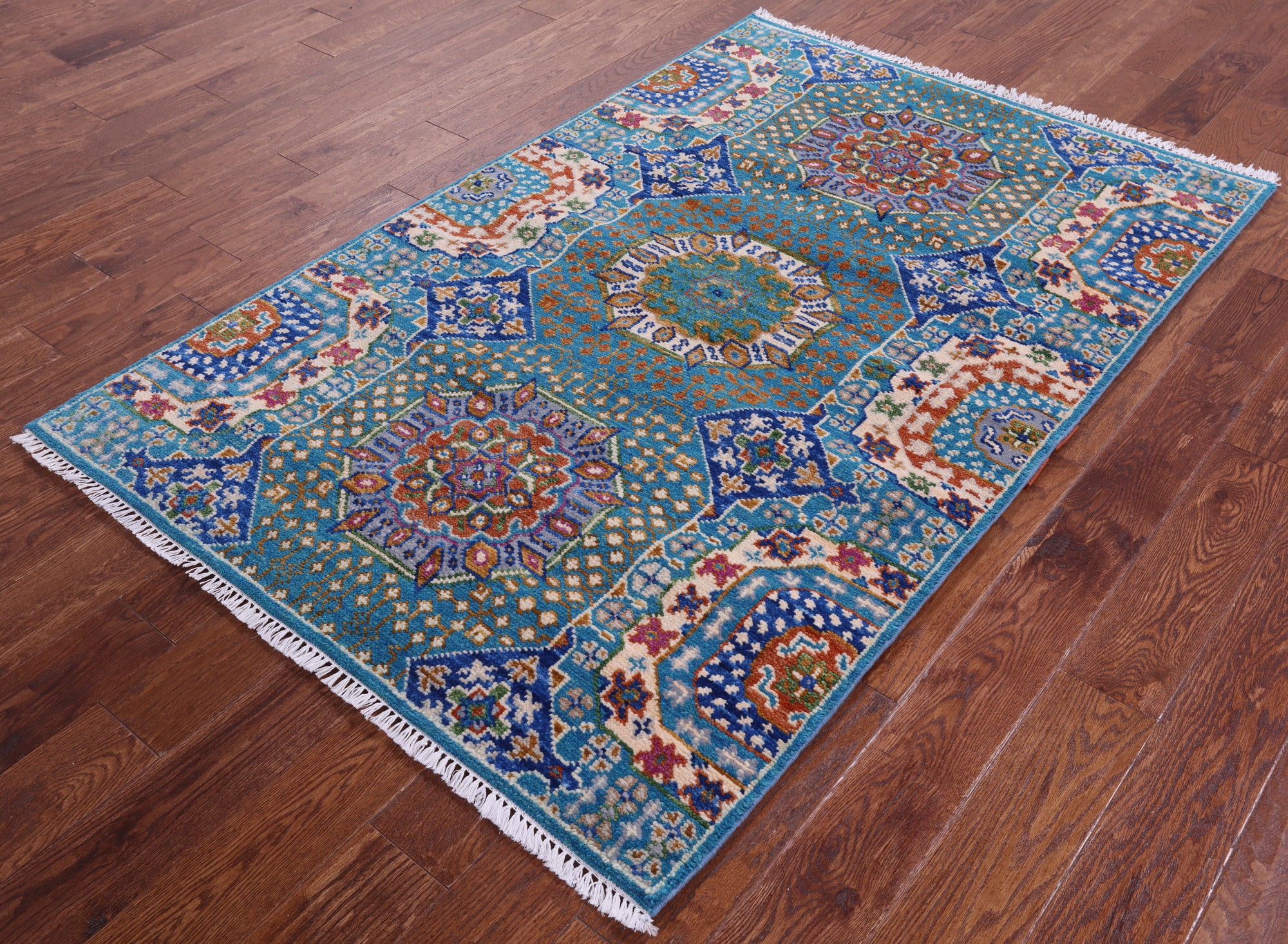 Blue Geometric Persian Mamluk Hand Knotted Wool Rug - 4' 0" X 6' 3" - Golden Nile