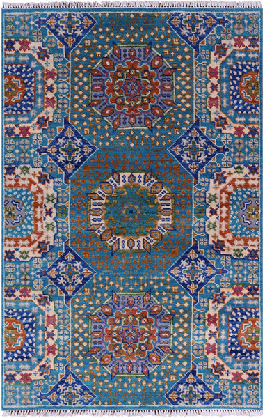 Blue Geometric Persian Mamluk Hand Knotted Wool Rug - 4' 0" X 6' 3" - Golden Nile