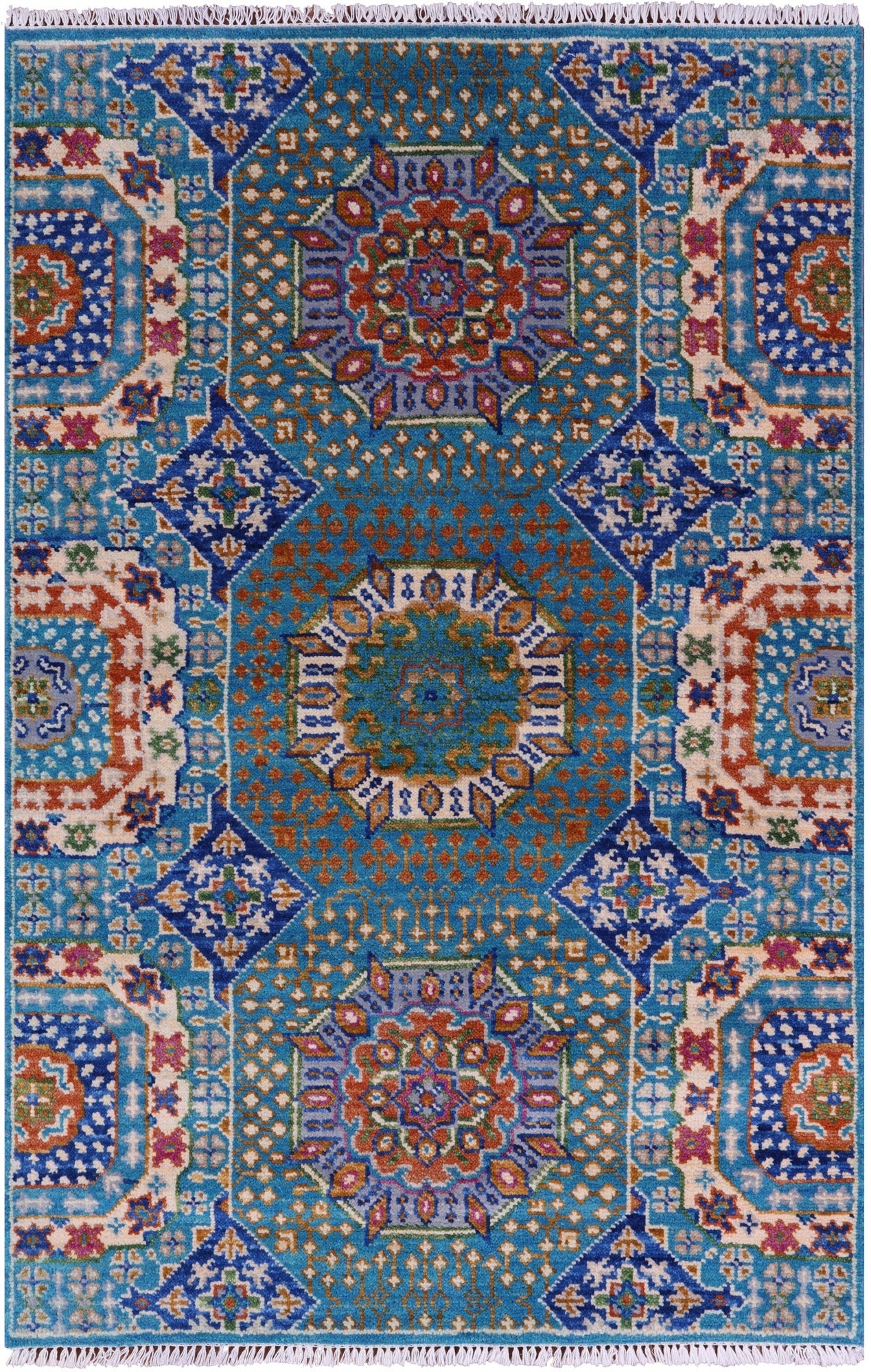 Blue Geometric Persian Mamluk Hand Knotted Wool Rug - 4' 0" X 6' 3" - Golden Nile