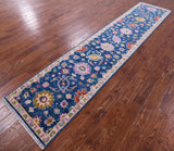 Blue Turkish Oushak Hand Knotted Wool Runner Rug - 2' 6" X 12' 0" - Golden Nile