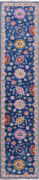Blue Turkish Oushak Hand Knotted Wool Runner Rug - 2' 6" X 12' 0" - Golden Nile