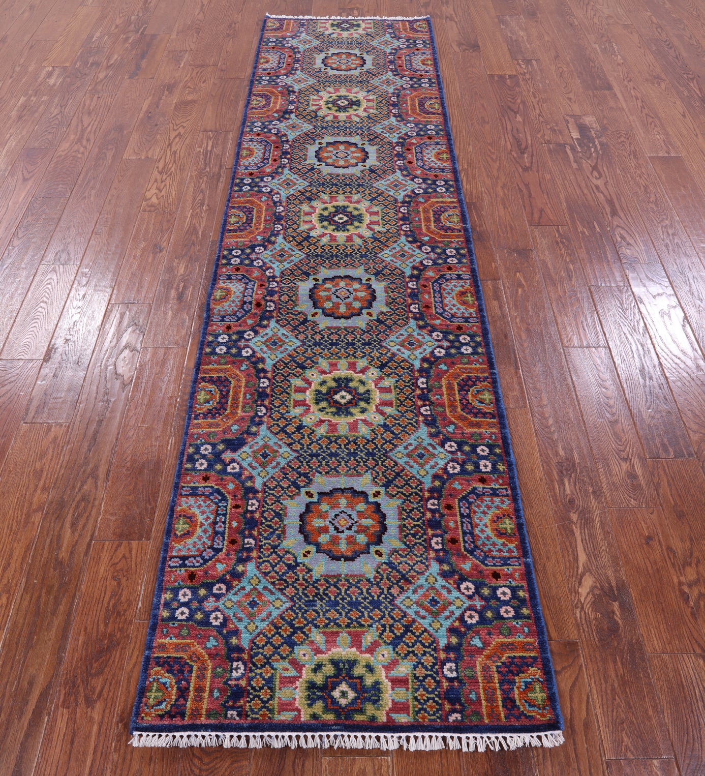 Geometric Persian Mamluk Hand Knotted Wool Runner Rug - 2' 7" X 10' 0" - Golden Nile