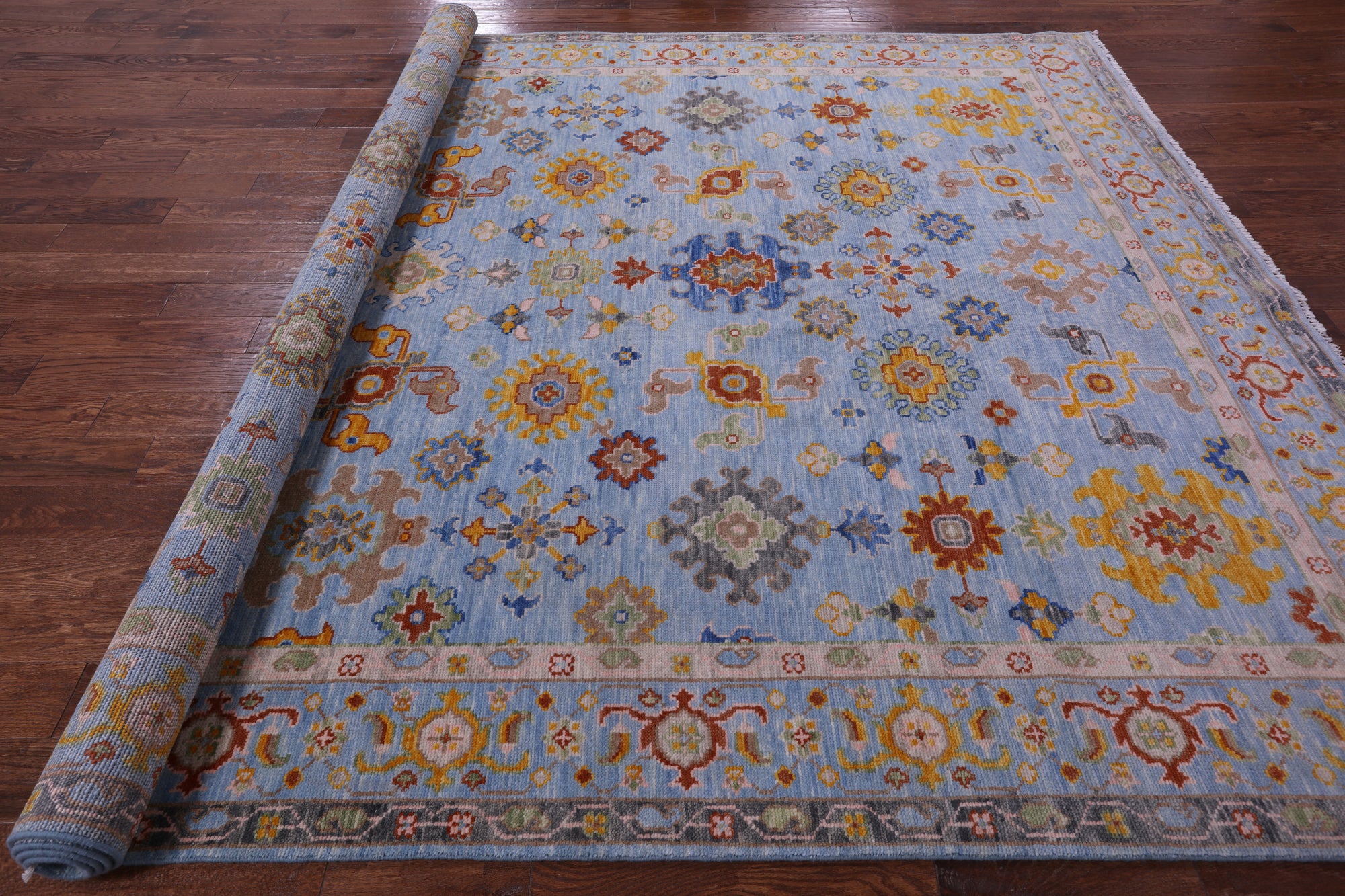 Blue Turkish Oushak Handmade Wool Rug - 9' 1" X 11' 10" - Golden Nile