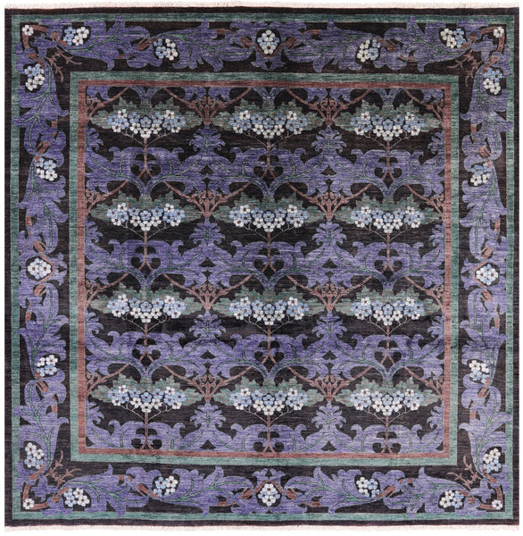 Black Square William Morris Hand Knotted Wool Area Rug - 9' 8" X 9' 10" - Golden Nile