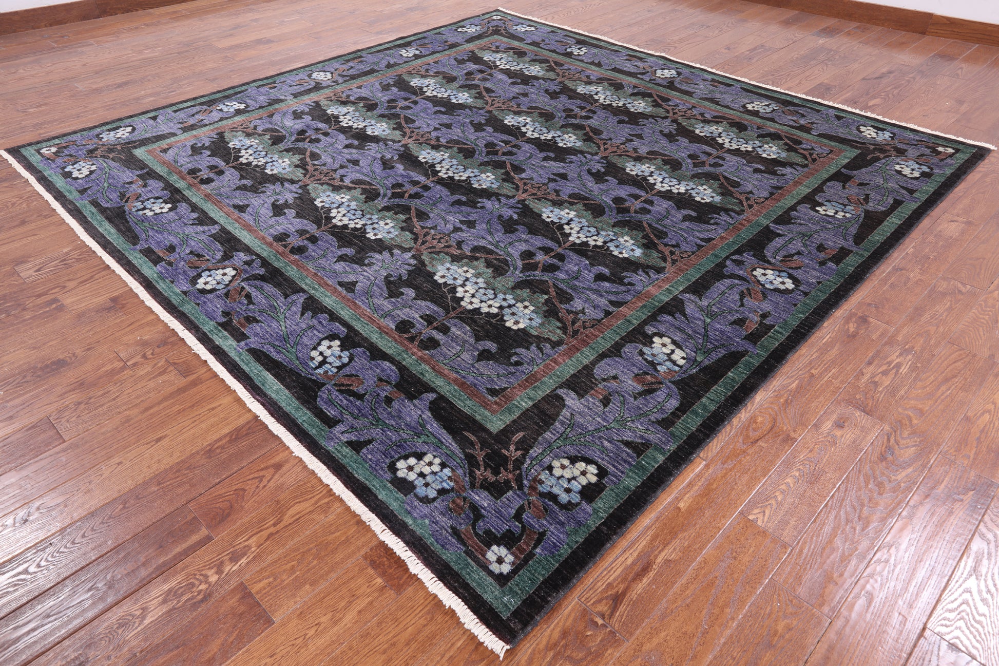 Black Square William Morris Hand Knotted Wool Area Rug - 9' 8" X 9' 10" - Golden Nile