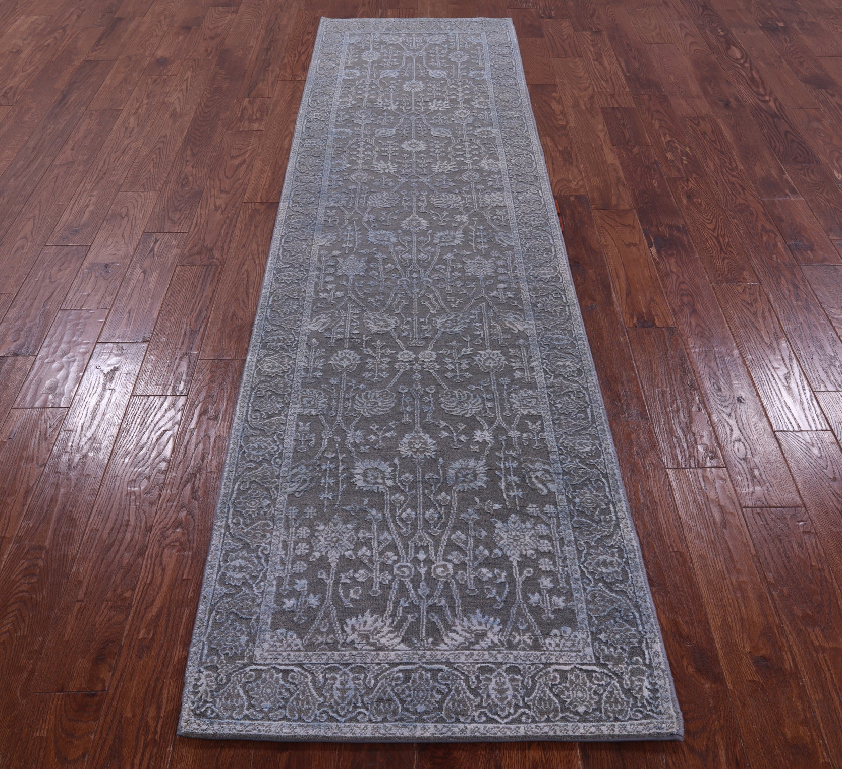 Grey Persian Hand Knotted Wool & Silk Runner Rug - 2' 7" X 9' 11" - Golden Nile