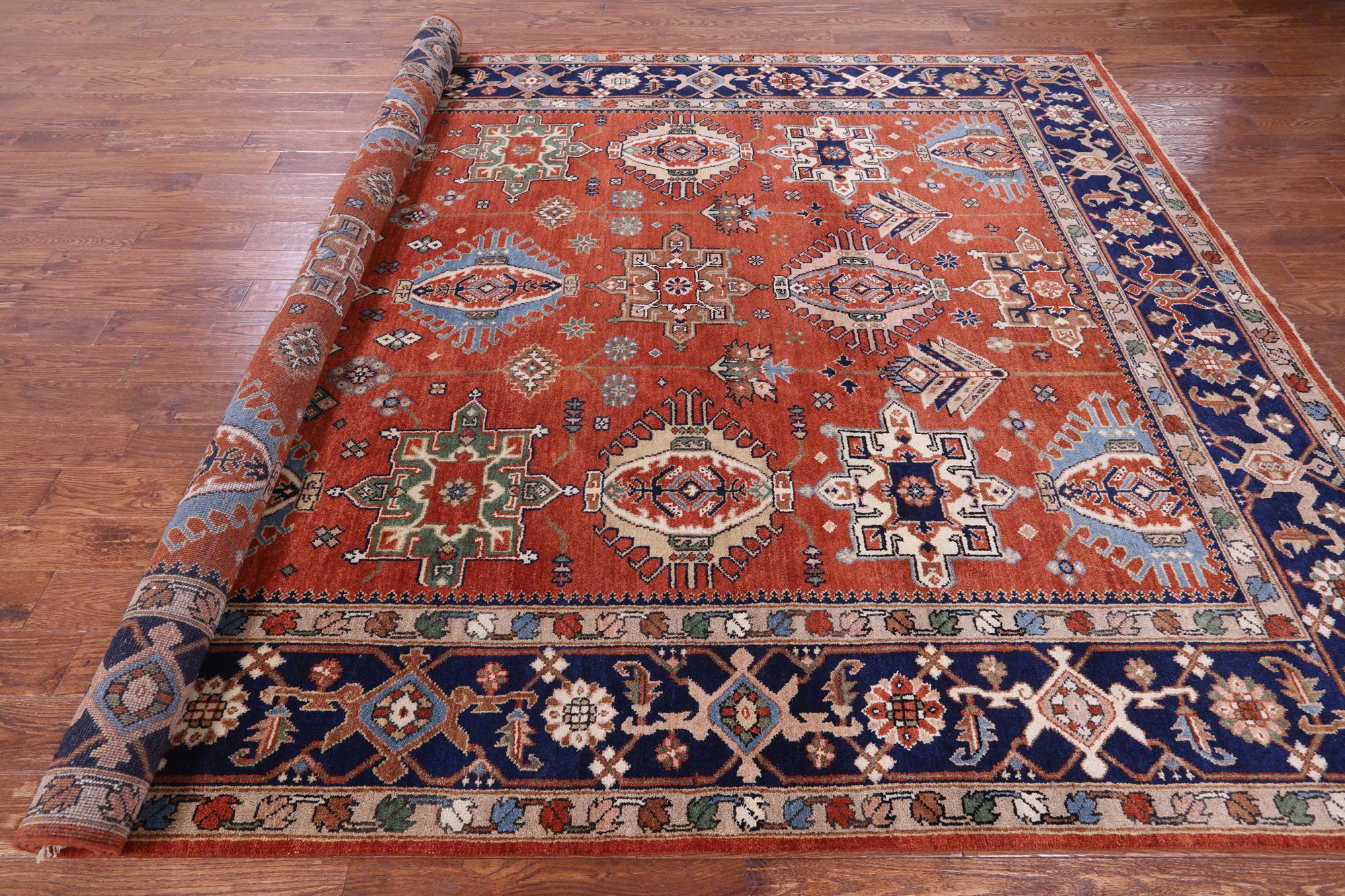 Rust Persian Fine Serapi Handmade Wool Rug - 9' 0" X 11' 11" - Golden Nile