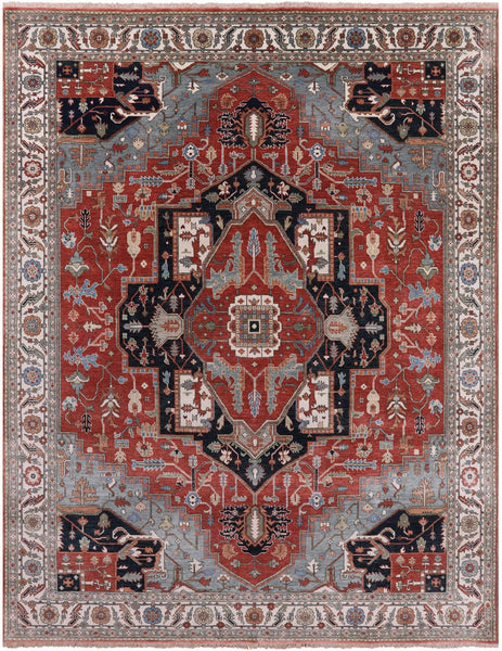Red Persian Fine Serapi Hand Knotted Wool Rug - 9' 0" X 11' 10" - Golden Nile