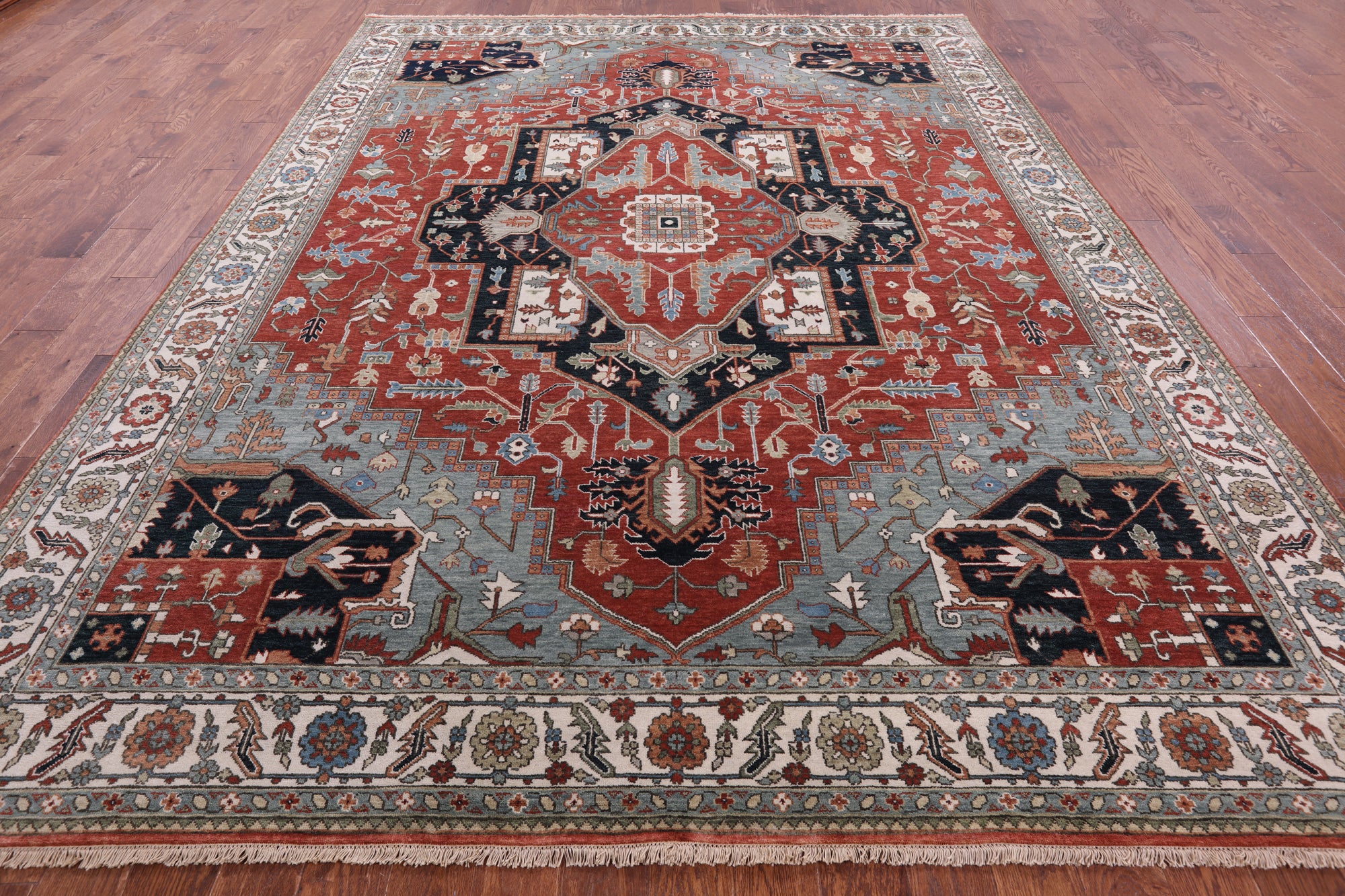 Red Persian Fine Serapi Hand Knotted Wool Rug - 9' 0" X 11' 10" - Golden Nile