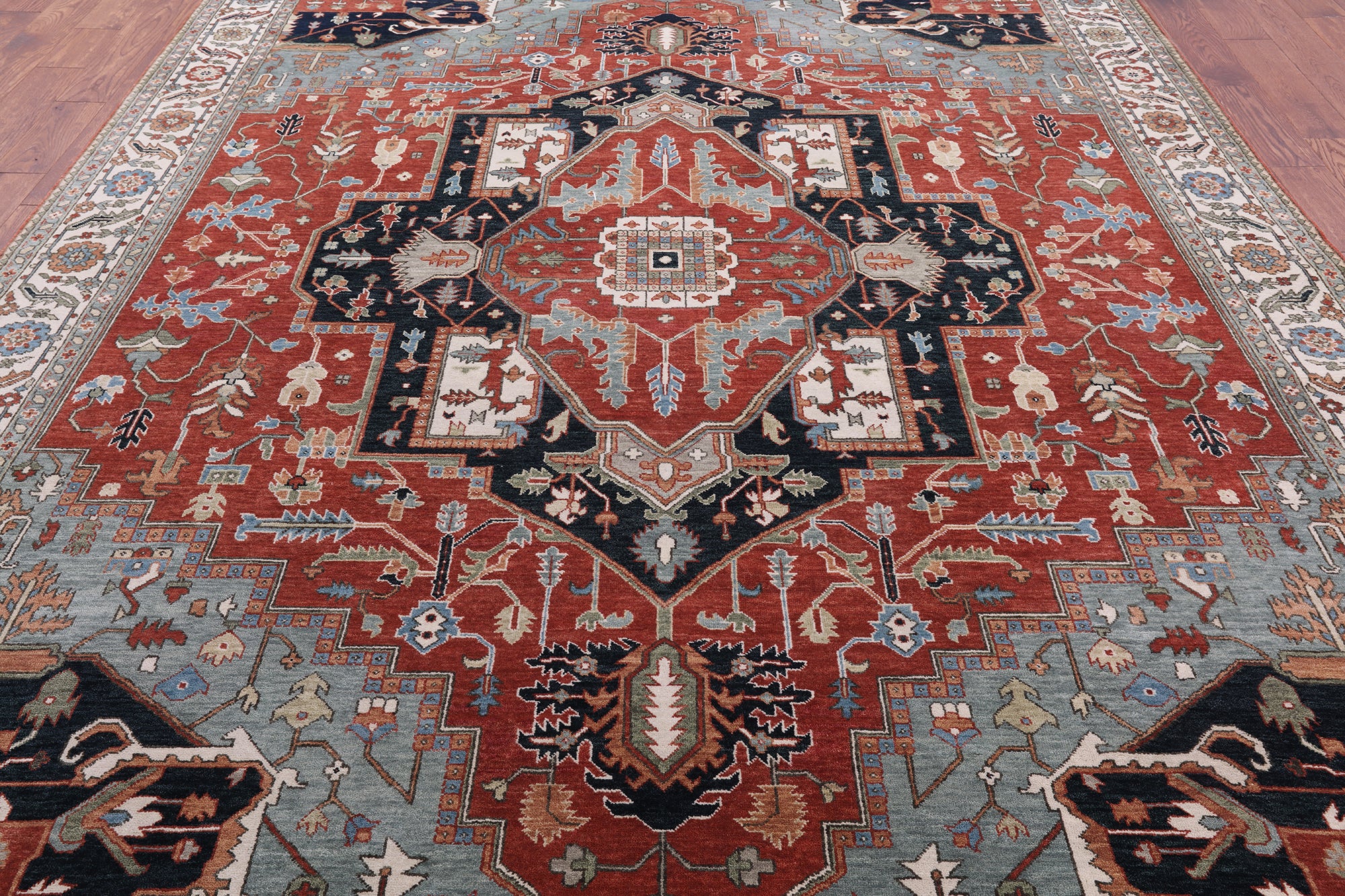 Red Persian Fine Serapi Hand Knotted Wool Rug - 9' 0" X 11' 10" - Golden Nile