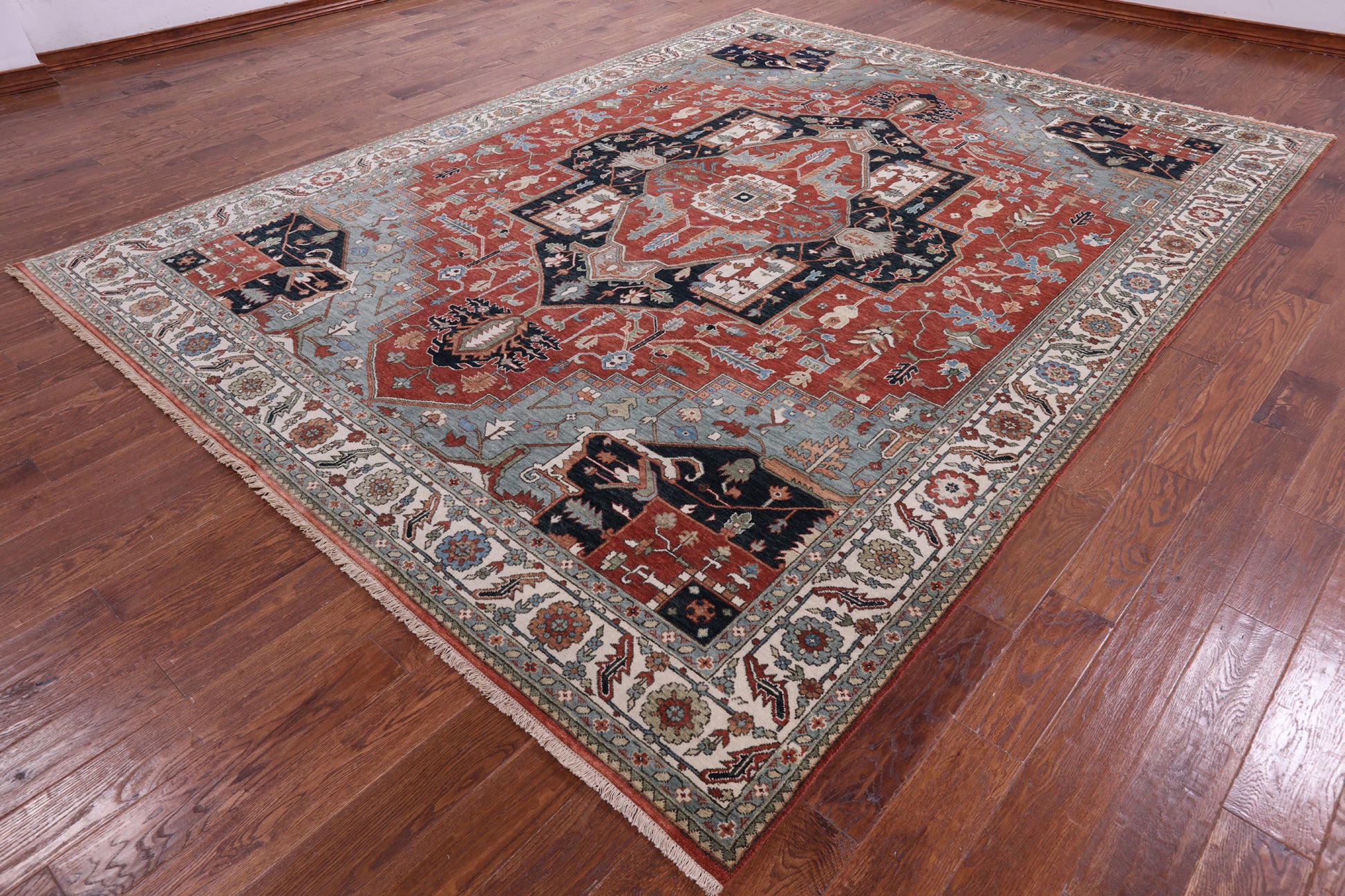 Red Persian Fine Serapi Hand Knotted Wool Rug - 9' 0" X 11' 10" - Golden Nile