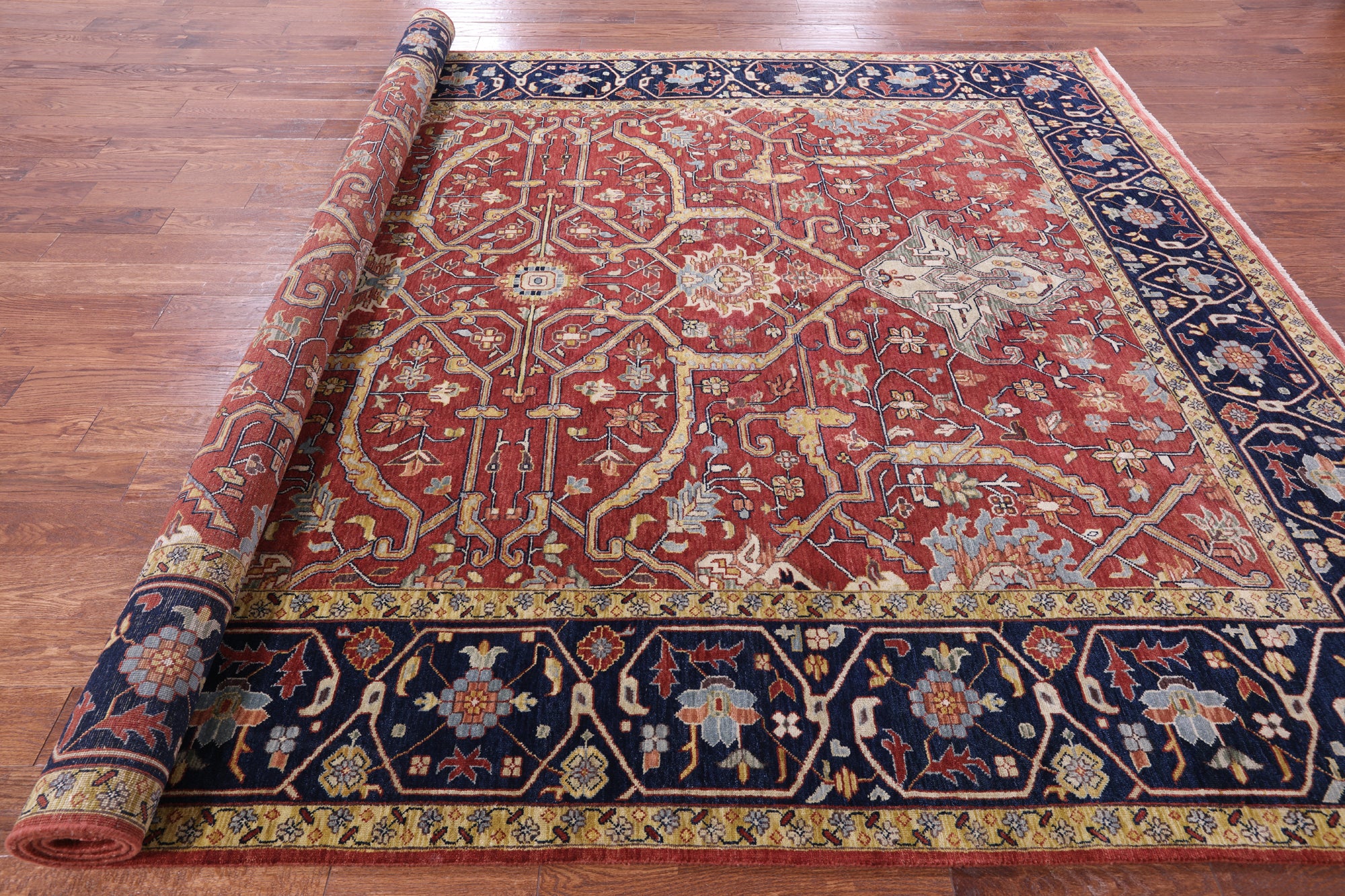 Red Persian Fine Serapi Hand Knotted Wool Rug - 8' 10" X 11' 8" - Golden Nile