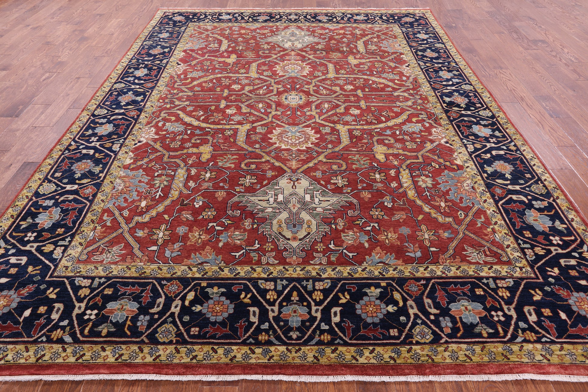 Red Persian Fine Serapi Hand Knotted Wool Rug - 8' 10" X 11' 8" - Golden Nile