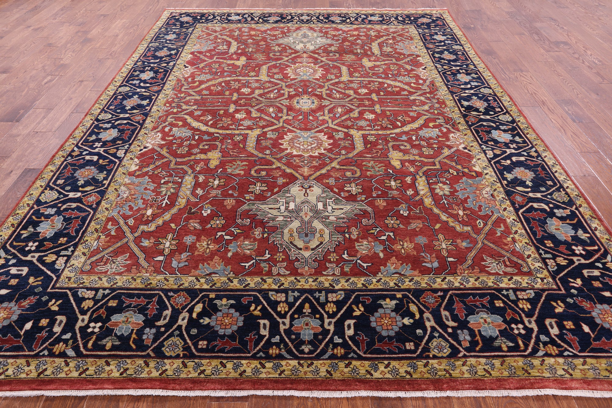 Red Persian Fine Serapi Hand Knotted Wool Rug - 8' 10" X 11' 8" - Golden Nile