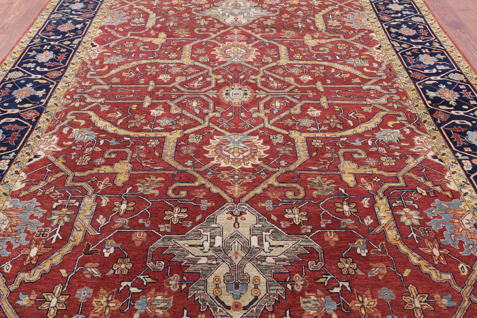 Red Persian Fine Serapi Hand Knotted Wool Rug - 8' 10" X 11' 8" - Golden Nile