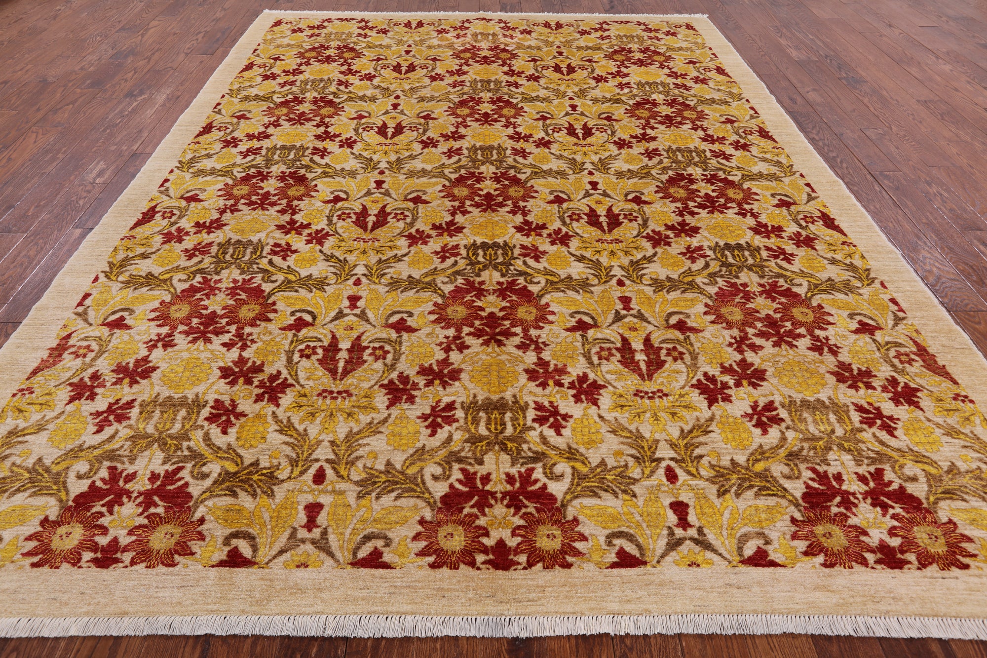 Ivory William Morris Handmade Wool Area Rug - 8' 10" X 11' 8" - Golden Nile