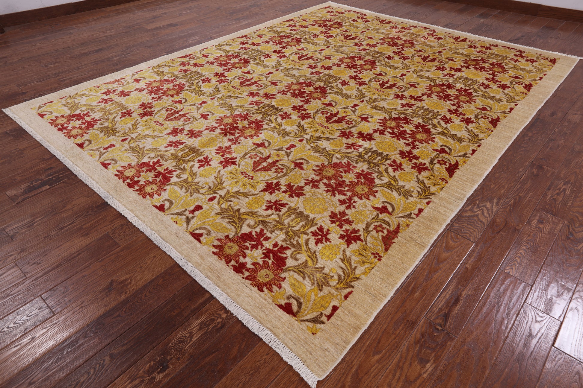Ivory William Morris Handmade Wool Area Rug - 8' 10" X 11' 8" - Golden Nile