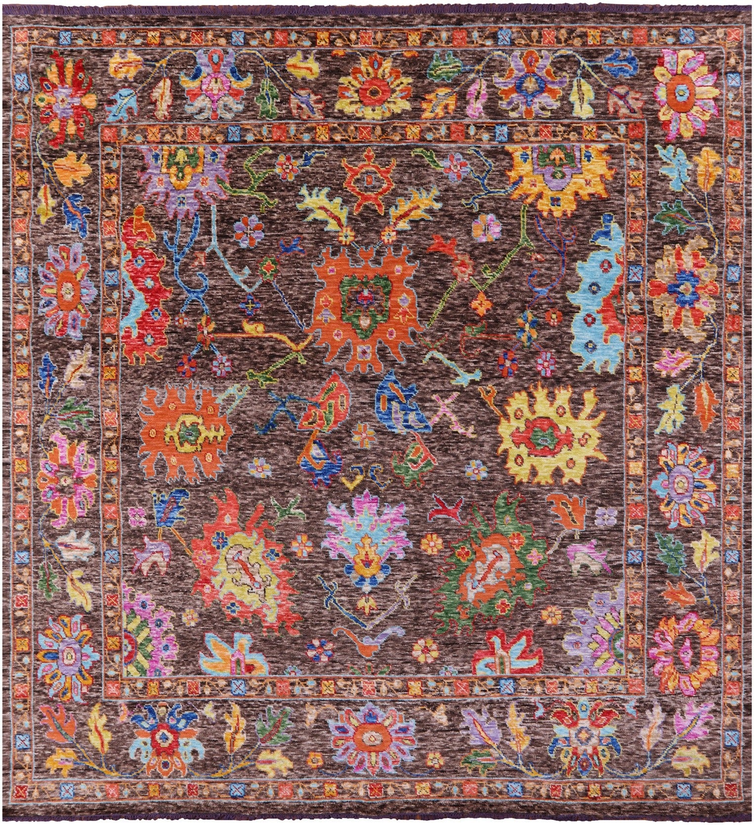 Brown Square Turkish Oushak Hand Knotted Wool Rug - 10' 2" X 10' 4" - Golden Nile