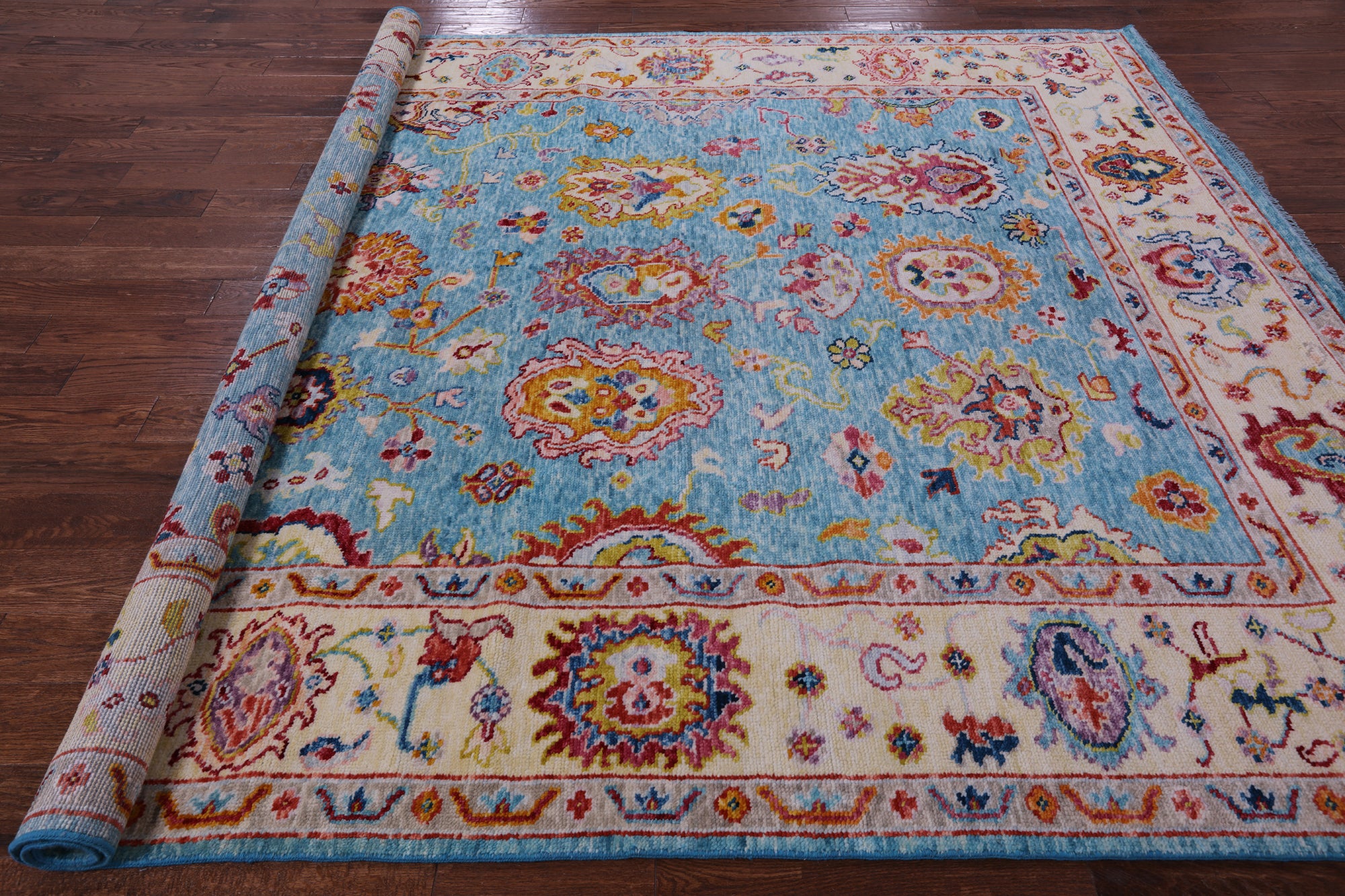 Blue Turkish Oushak Hand Knotted Wool Rug - 8' 3" X 9' 8" - Golden Nile