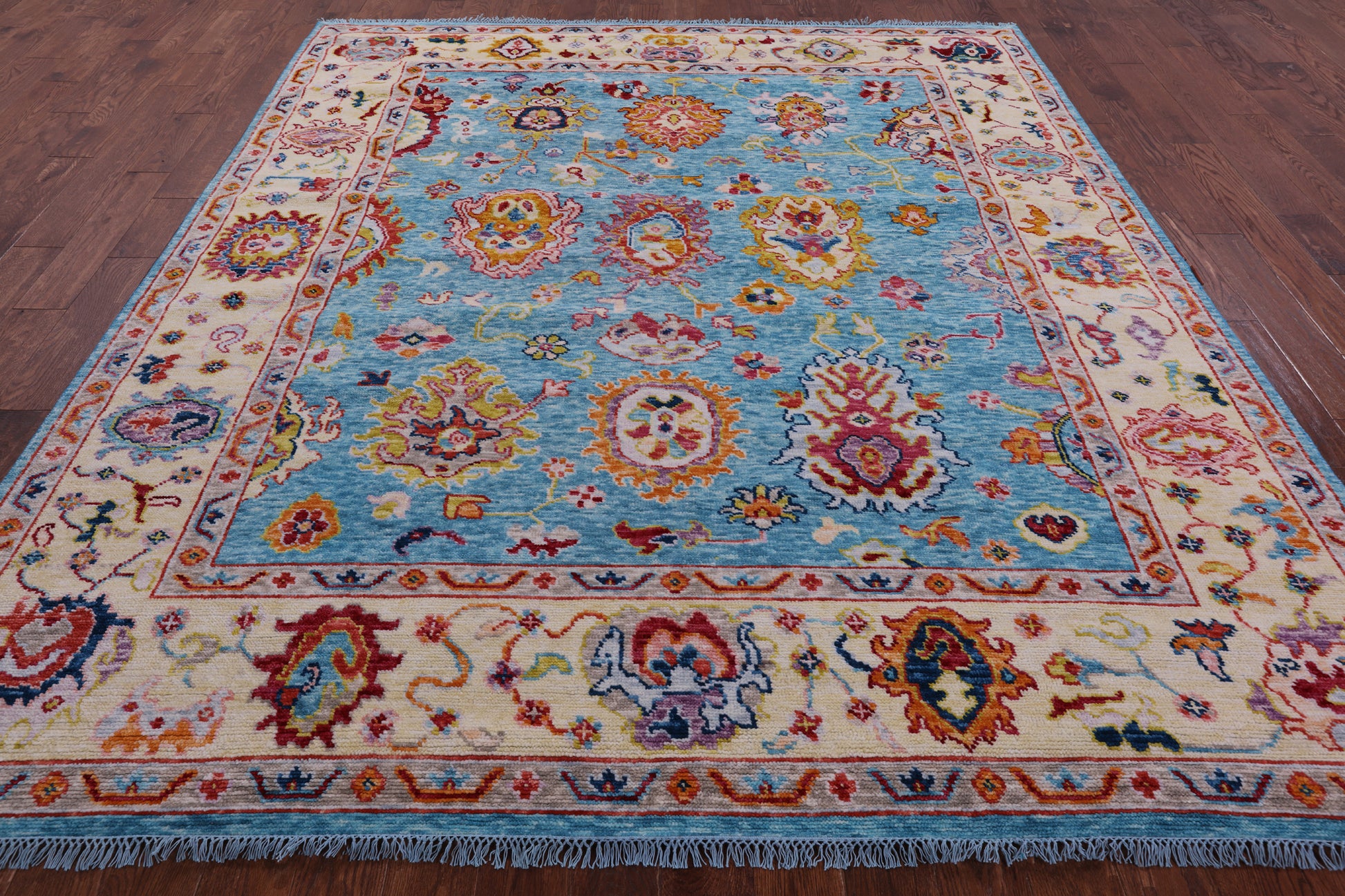 Blue Turkish Oushak Hand Knotted Wool Rug - 8' 3" X 9' 8" - Golden Nile