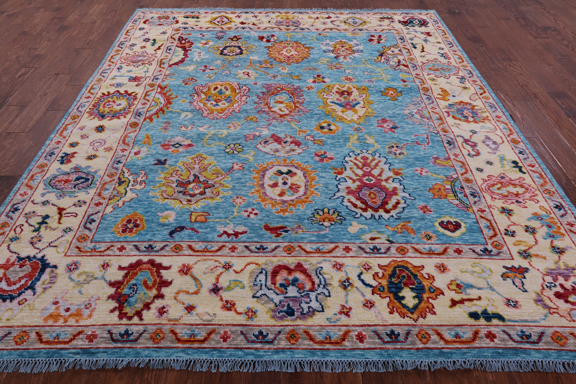 Blue Turkish Oushak Hand Knotted Wool Rug - 8' 3" X 9' 8" - Golden Nile